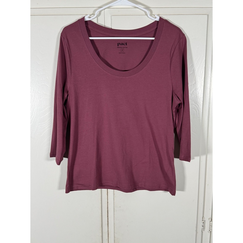 Pact Organic Cotton Scoop Neck 3/4 Sleeve Top Plum Burgundy Medium